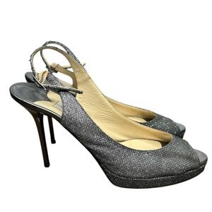 Jimmy Choo Nova Silver Anthracite Glitter Slingback Heels Peep Toe Stiletto 38